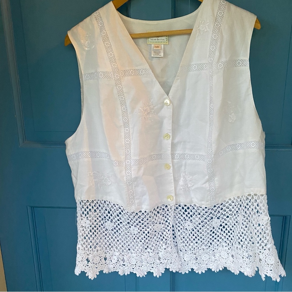 Vintage Susan Bristol white cotton ramie sleeveless blouse vest crochet 14W